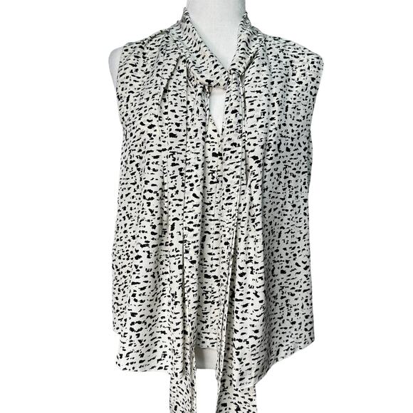 ROBERT RODRIGUEZ Womens 2 White Black Silk Brushstroke Layered Tie Neck Blouse - Picture 6 of 13